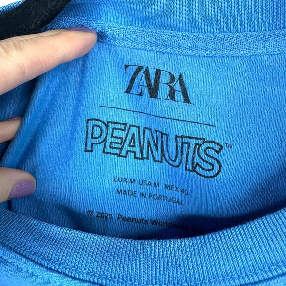 Zara Snoopy Peanuts Blue Cotton Crewneck Short Sleeve Boxy T-Shirt Medium - Picture 5 of 5